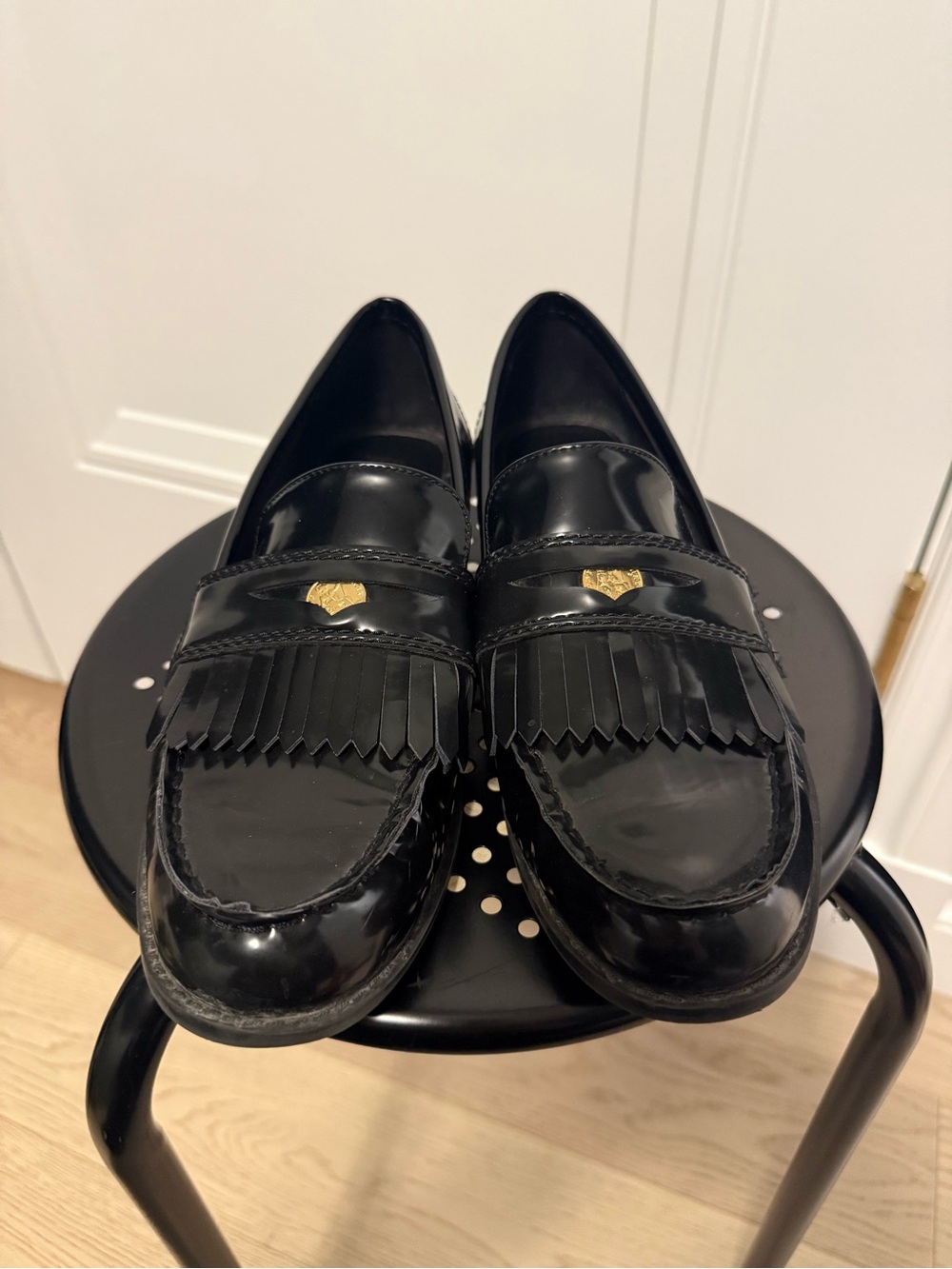 Zara Black Patent Kiltie Loafers with Gold Accent